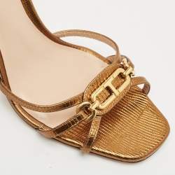 Tom Ford Metallic Lizard Embossed Leather Chain Embellished Slingback Sandals Size 38.5
