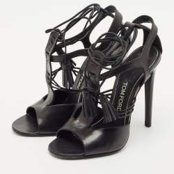 Tom Ford Black Paneled Leather Ankle Strap Sandals Size 37.5