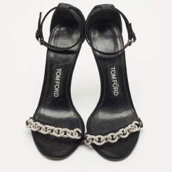Tom Ford Black Satin Crystal Embellished Heel Ankle Strap Sandals Size 37