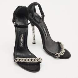 Tom Ford Black Satin Crystal Embellished Heel Ankle Strap Sandals Size 37