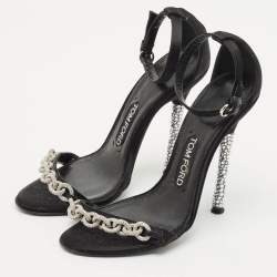 Tom Ford Black Satin Crystal Embellished Heel Ankle Strap Sandals Size 37