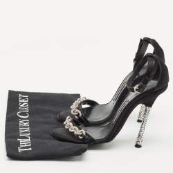 Tom Ford Black Satin Crystal Embellished Heel Ankle Strap Sandals Size 37