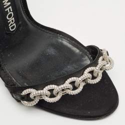 Tom Ford Black Satin Crystal Embellished Heel Ankle Strap Sandals Size 37