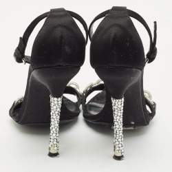 Tom Ford Black Satin Crystal Embellished Heel Ankle Strap Sandals Size 37