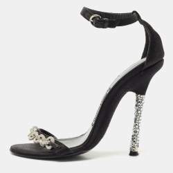 Tom Ford Black Satin Crystal Embellished Heel Ankle Strap Sandals Size 37