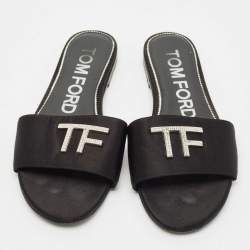 Tom Ford Black Satin TF Flat Slides Size 38