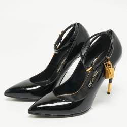Pre Owned Tom Ford Black Patent Leather Padlock Ankle Wrap Pointed Toe Pumps Size 41