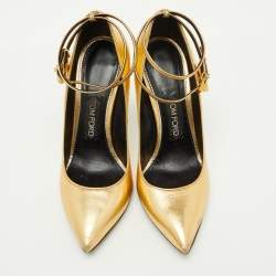 Pre Owned Tom Ford Metallic Gold Leather Padlock Pointed Toe Pumps Size 39
