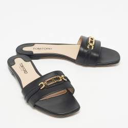 Pre Owned Tom Ford Black Leather Embellished Flat Slides Size 39