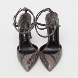 Pre Owned Tom Ford Grey/Brown Snakeskin Leather Pointed Toe Ankle Strap Pumps Size 37