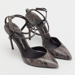 Pre Owned Tom Ford Grey/Brown Snakeskin Leather Pointed Toe Ankle Strap Pumps Size 37