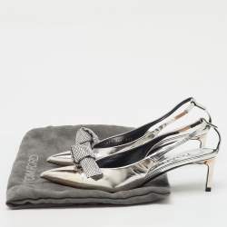 Pre Owned Tom Ford Silver Leather Embellished Bow Slingback Pumps Size 37.5