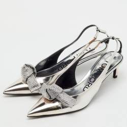 Pre Owned Tom Ford Silver Leather Embellished Bow Slingback Pumps Size 37.5