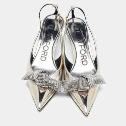 Pre Owned Tom Ford Silver Leather Embellished Bow Slingback Pumps Size 37.5