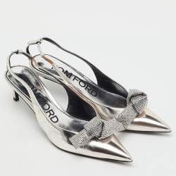 Pre Owned Tom Ford Silver Leather Embellished Bow Slingback Pumps Size 37.5
