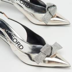 Pre Owned Tom Ford Silver Leather Embellished Bow Slingback Pumps Size 37.5