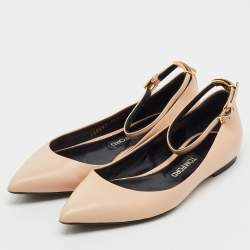 Pre Owned Tom Ford Beige Leather Pointed Toe Ankle Strap Ballet Flats Size 38