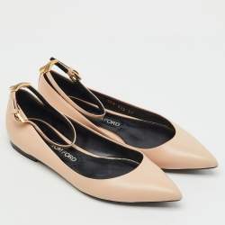 Pre Owned Tom Ford Beige Leather Pointed Toe Ankle Strap Ballet Flats Size 38