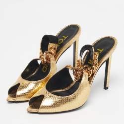 Pre Owned Tom Ford Gold Python Embossed Leather Peep Toe Slingback Pumps Size 36.5