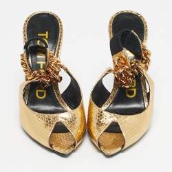 Pre Owned Tom Ford Gold Python Embossed Leather Peep Toe Slingback Pumps Size 36.5