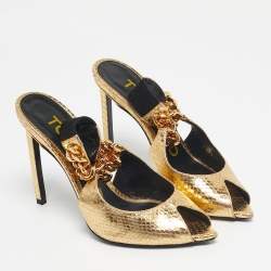 Pre Owned Tom Ford Gold Python Embossed Leather Peep Toe Slingback Pumps Size 36.5