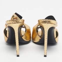 Pre Owned Tom Ford Gold Python Embossed Leather Peep Toe Slingback Pumps Size 36.5