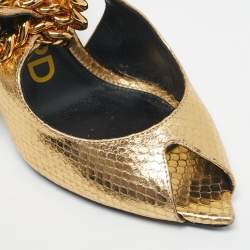Pre Owned Tom Ford Gold Python Embossed Leather Peep Toe Slingback Pumps Size 36.5