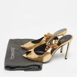 Pre Owned Tom Ford Gold Python Embossed Leather Peep Toe Slingback Pumps Size 36.5