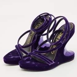 Pre Owned Tom Ford Purple Velvet Wavy Wedge Sandals Size 36