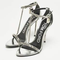 مملوكة مسبقًا Tom Ford Silver Patent Leather Padlock Chain Ankle Strap Sandals Size 36