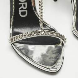 مملوكة مسبقًا Tom Ford Silver Patent Leather Padlock Chain Ankle Strap Sandals Size 36