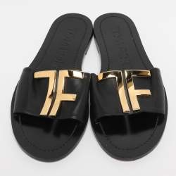 Pre Owned Tom Ford Black Leather TF Slide Sandals Size 37