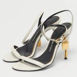 مملوكة مسبقًا Tom Ford White Leather Padlock Chain Ankle Strap Sandals Size 37.5
