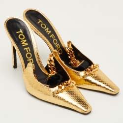 Pre Owned Tom Ford Size 40.5 Gold Python Embossed Leather Chain Link Slingback Pumps