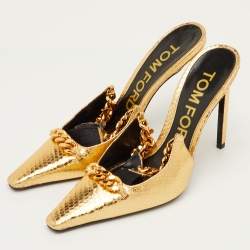 Pre Owned Tom Ford Size 40.5 Gold Python Embossed Leather Chain Link Slingback Pumps