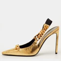 Pre Owned Tom Ford Size 40.5 Gold Python Embossed Leather Chain Link Slingback Pumps