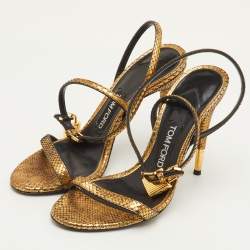 Pre Owned صندل توم فورد جلد ثعبان ذهبي بحزام للكاحل قفل مزين مقاس 36.5