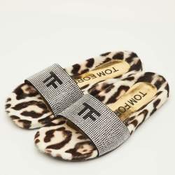 Pre Owned Tom Ford Logo Size 38.5 Black Suede Crystal Embellished Flat Slide Sandals