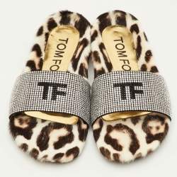 Pre Owned Tom Ford Logo Size 38.5 Black Suede Crystal Embellished Flat Slide Sandals