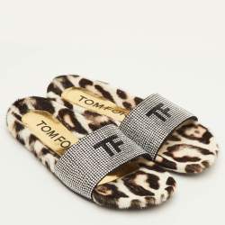 Pre Owned Tom Ford Logo Size 38.5 Black Suede Crystal Embellished Flat Slide Sandals