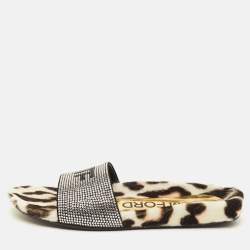 Pre Owned Tom Ford Logo Size 38.5 Black Suede Crystal Embellished Flat Slide Sandals