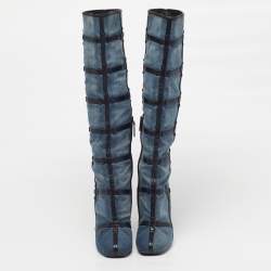 Pre Owned Tom Ford Size 39 Denim And Leather Trim Patchwork Knee Length Boots 