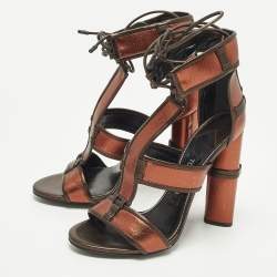Pre Owned Tom Ford Size 37.5 Metallic/Brown Leather Panelled Patchwork Ankle Strap Sandals 