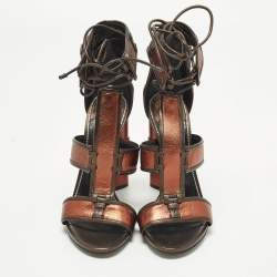 Pre Owned Tom Ford Size 37.5 Metallic/Brown Leather Panelled Patchwork Ankle Strap Sandals 