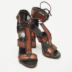 Pre Owned Tom Ford Size 37.5 Metallic/Brown Leather Panelled Patchwork Ankle Strap Sandals 