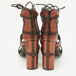 Pre Owned Tom Ford Size 37.5 Metallic/Brown Leather Panelled Patchwork Ankle Strap Sandals 