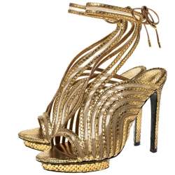 Tom Ford Gold Metallic Gold Python Leather Strappy Sandals Size 39