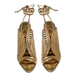 Tom Ford Gold Metallic Gold Python Leather Strappy Sandals Size 39
