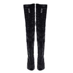 Pre Owned Tom Ford Black Leather/Lace Peep Toe Over The Knee Boots Size 37.5