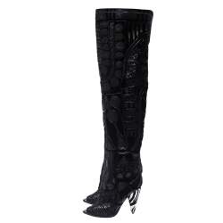 Pre Owned Tom Ford Black Leather/Lace Peep Toe Over The Knee Boots Size 37.5